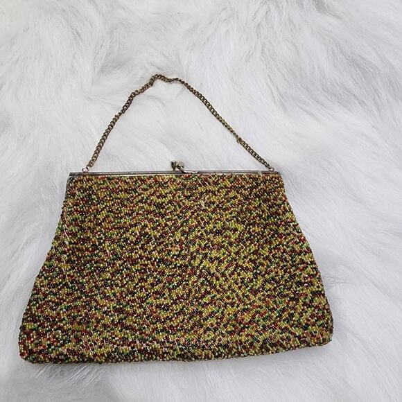 Vintage unbranded glass seed beaded gold, red & green clutch chain handle purse - Picture 1 of 16